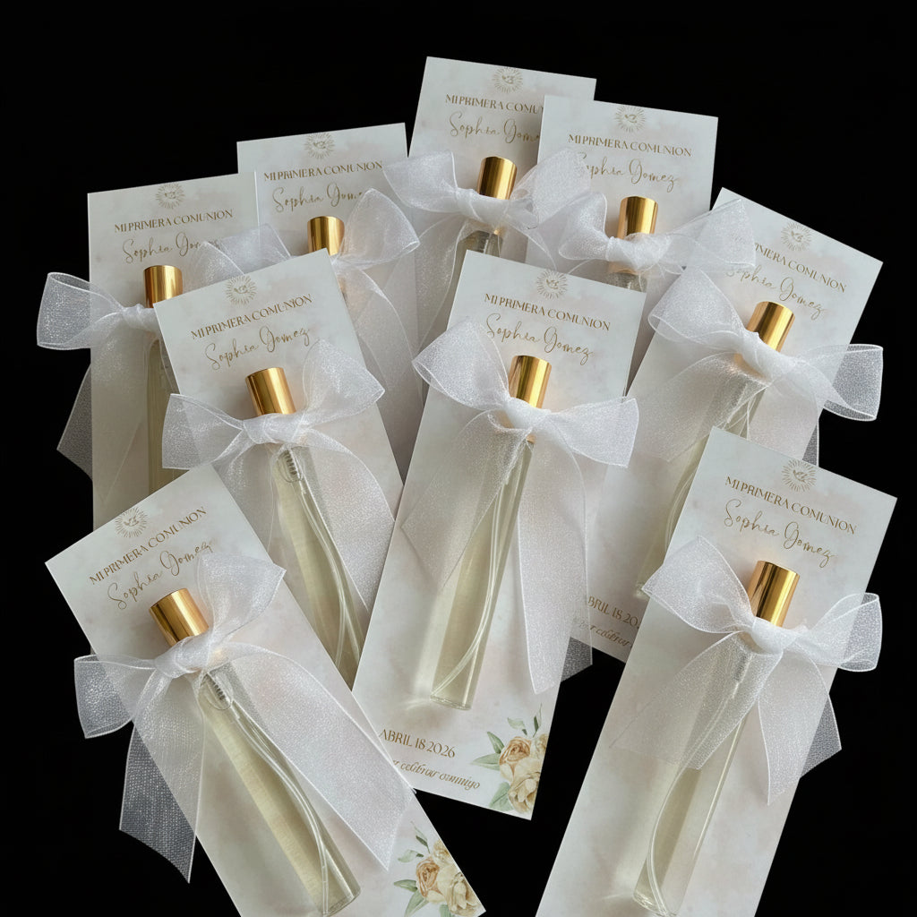 Small perfume bottles with gold caps and white ribbons on a textured surface