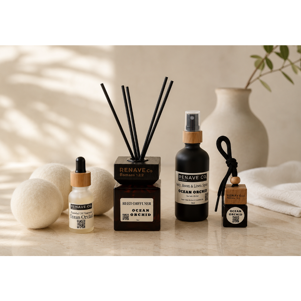 A Renave Co. scent set featuring Ocean Orchid diffuser oil, reed diffuser sticks, room spray, and a keychain, styled on a marble surface with a ceramic vase and soft shadows.