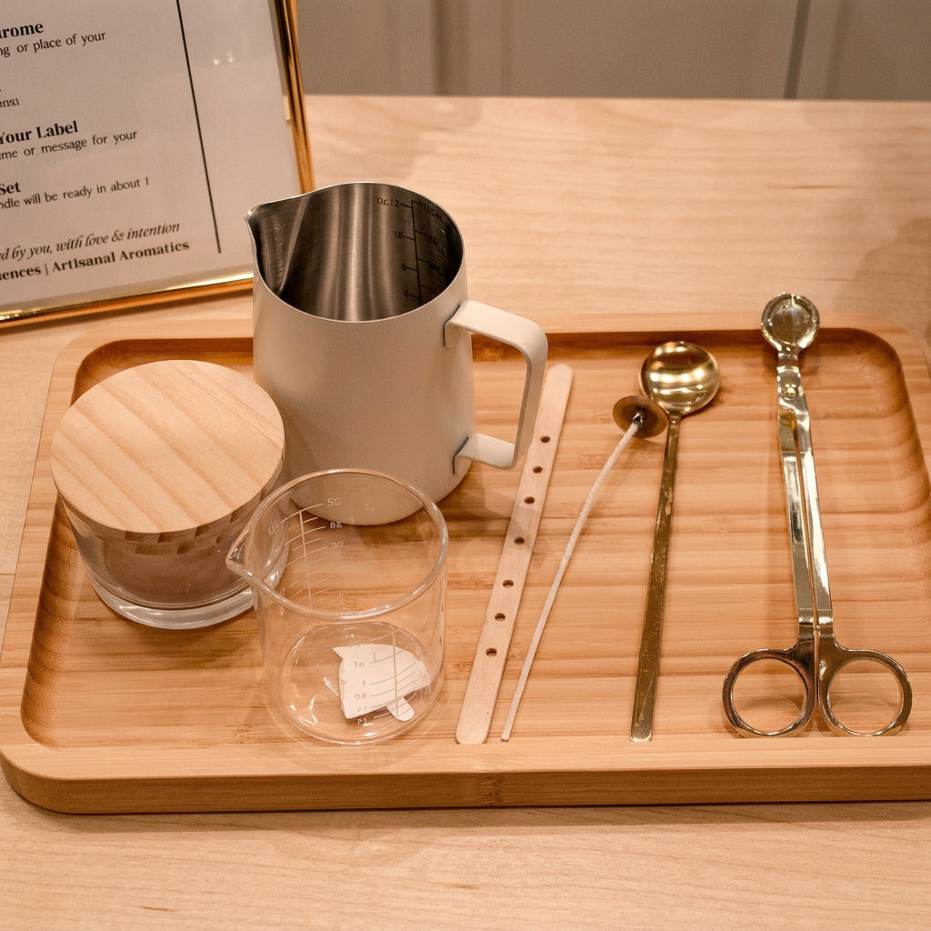 Set of Candle Making utensils including a pitcher, ladle, scissors, and measuring tools on a wooden tray.