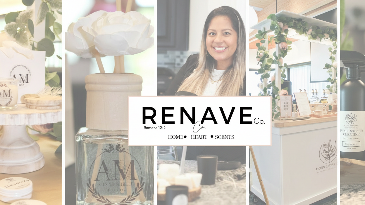Collage of Renave products including diffusers and bottles with a person in the center.