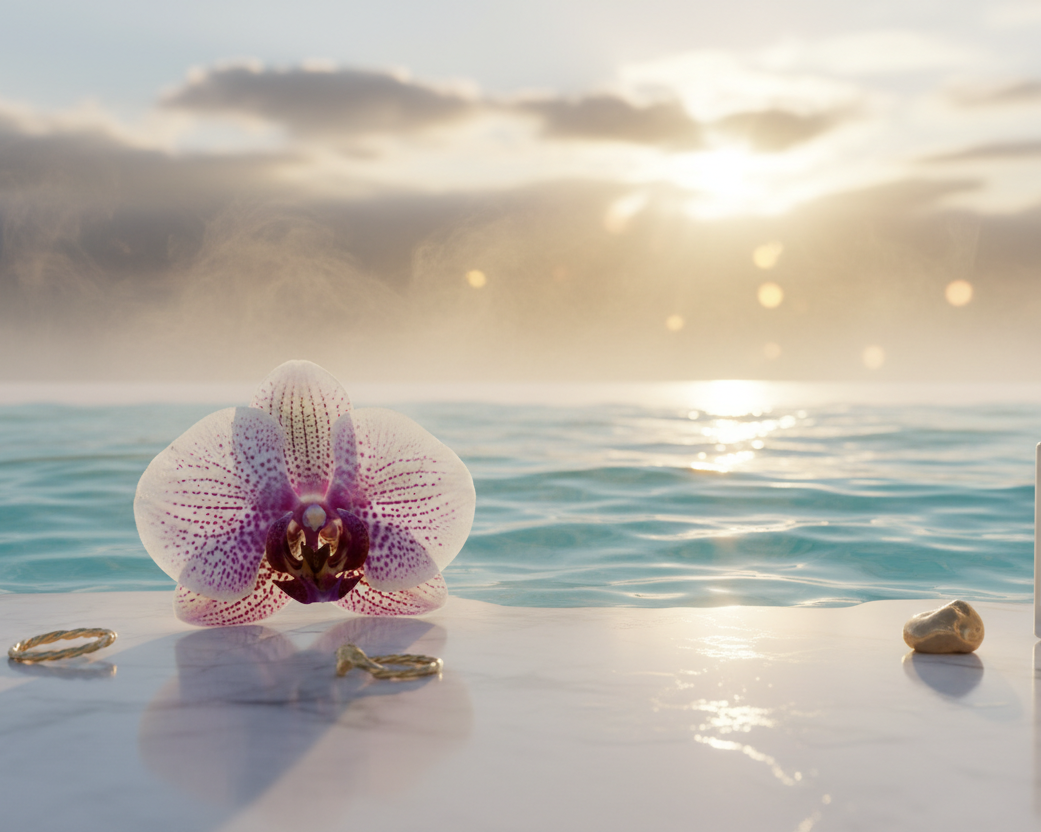 A Renave signature scent 'Ocean Orchid' sits on a reflective white surface by a calm ocean at sunset, alongside a white and purple orchid flower, two gold rings, and a small stone.